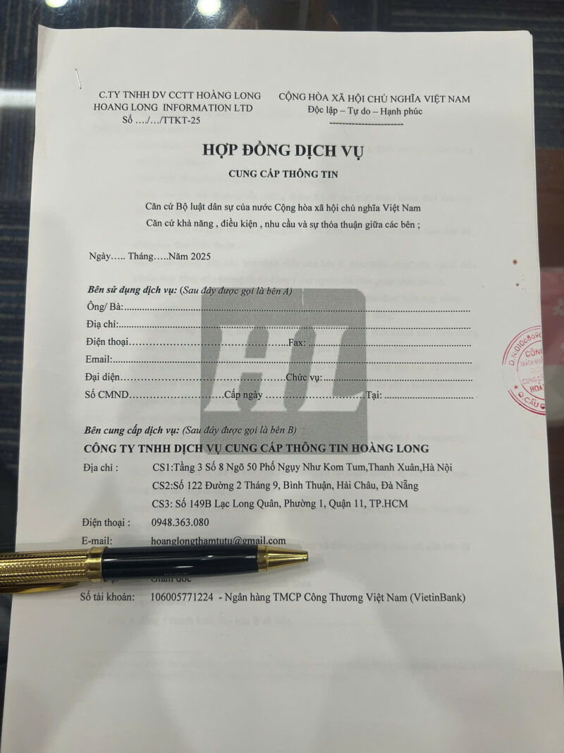 Hợp đồng dịch vụ Công ty thám tử Hoàng Long