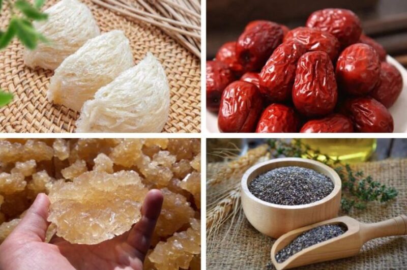 Nguyên liệu làm món yến chưng với hạt chia và táo đỏ