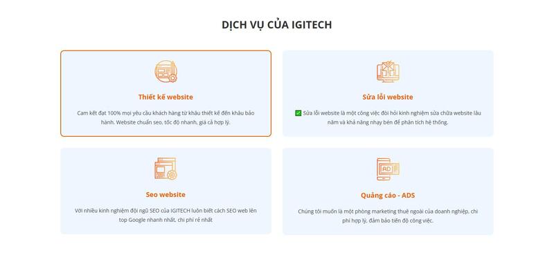 Các dịch vụ tại IGITECH, bao gồm thiết kế website