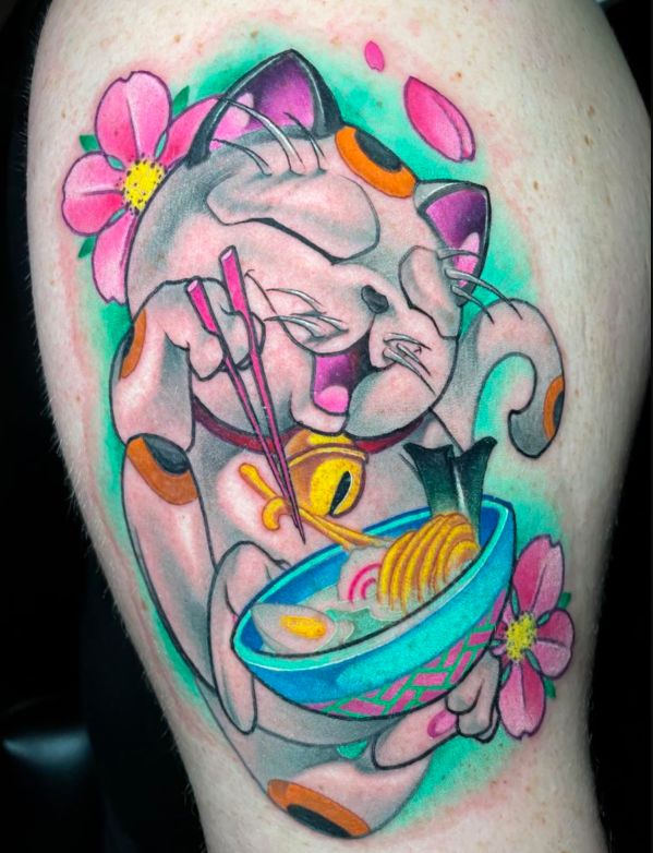Hình xăm mèo thần tài kết hợp hoạ tiết dễ thương