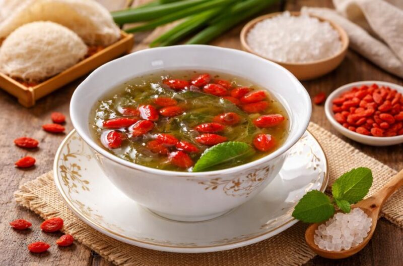 Thành phẩm yến chưng kỷ tử và đường phèn hấp dẫn